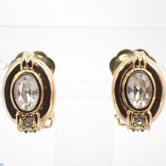 Dior Vintage Gold-Plated Oval Crystal Clip-On Earrings ✨ - Picture 1 of 5